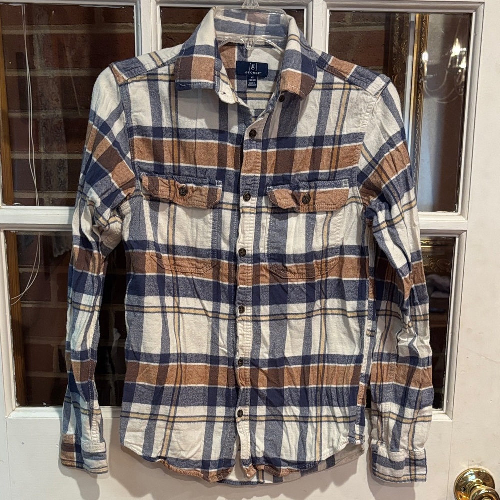 George Blue and Brown Plaid Casual Button Down Shirt